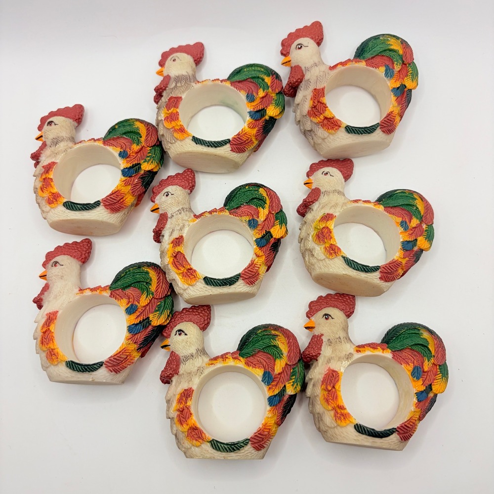 Vintage Country Rooster Farmhouse Tableware Napkin Rings Set of 8 Rustic Kitchen